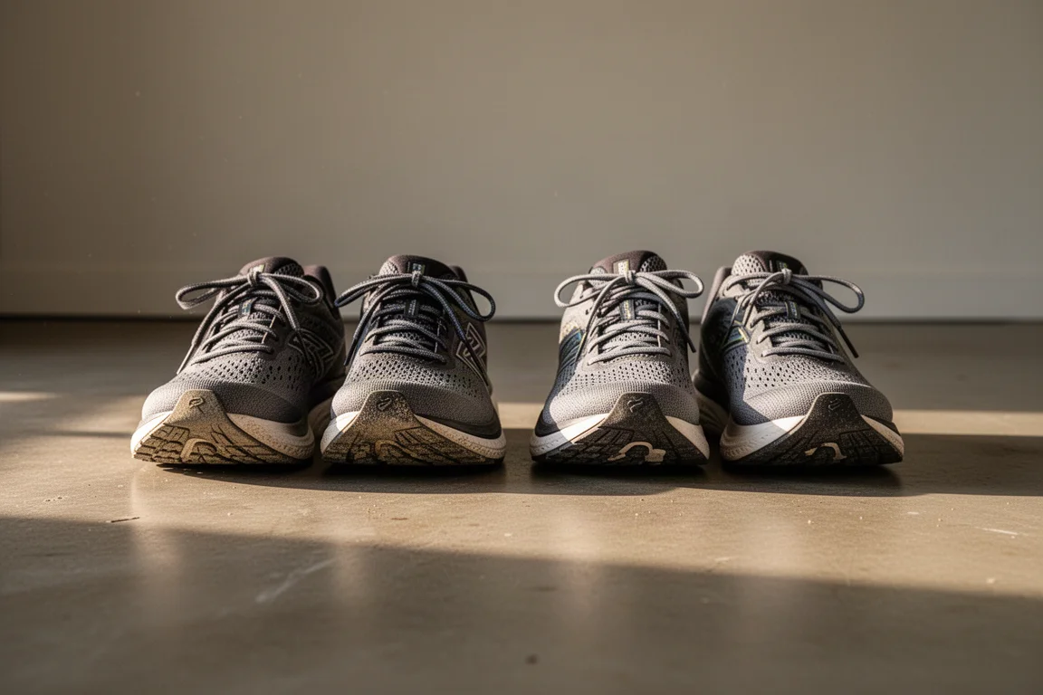 Dwa amortyzowane buty do biegania obok siebie na podłodze garażu po treningu
