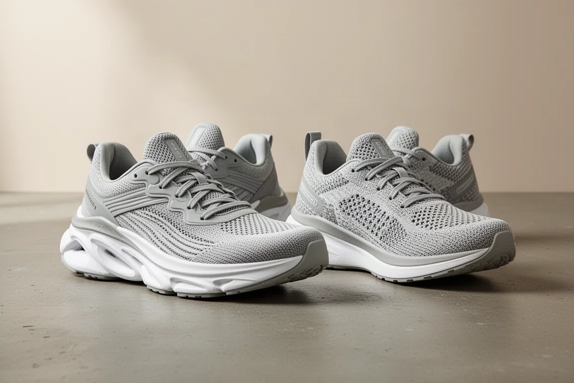 Nike Vomero Plus and Asics Nova Blast 5 running shoes side by side on concrete