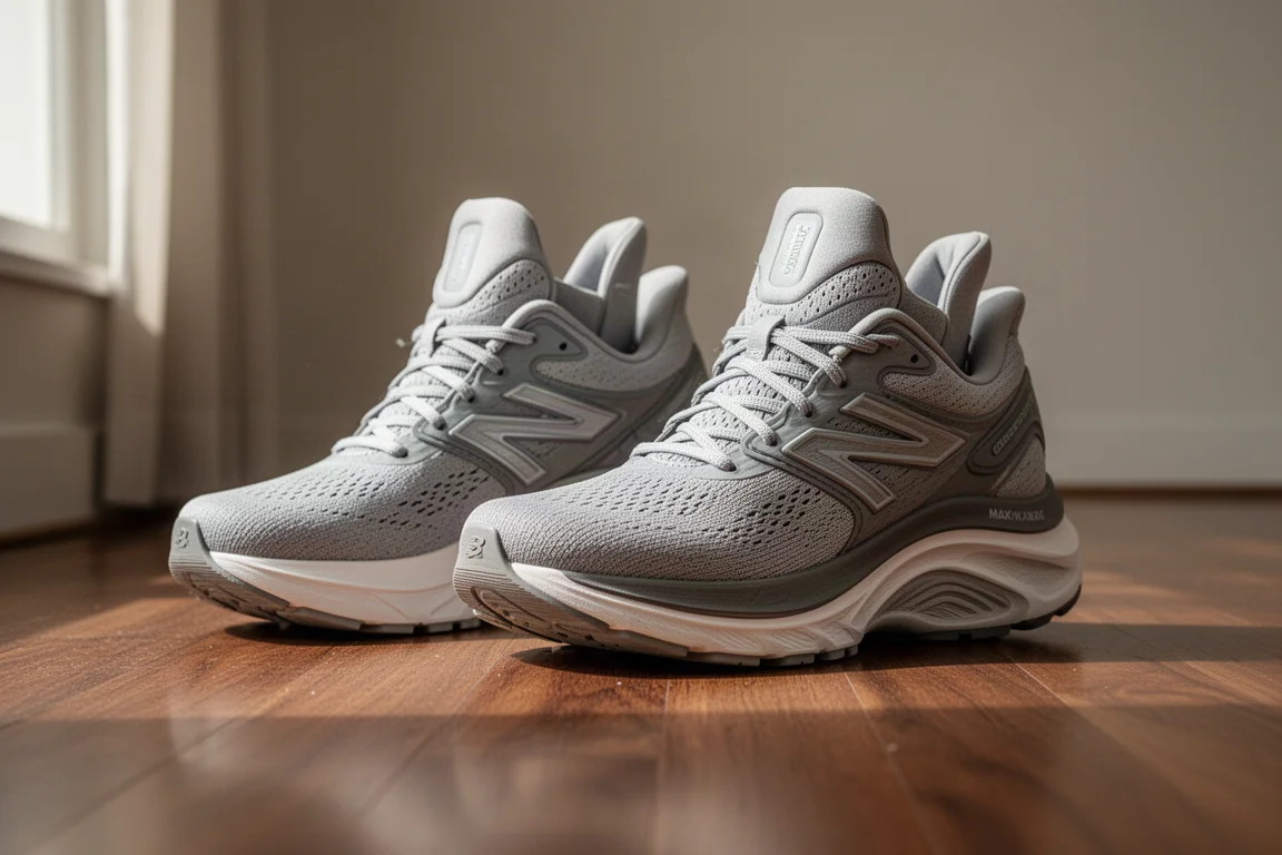 Two max cushion running shoes placed side by side on a wooden floor