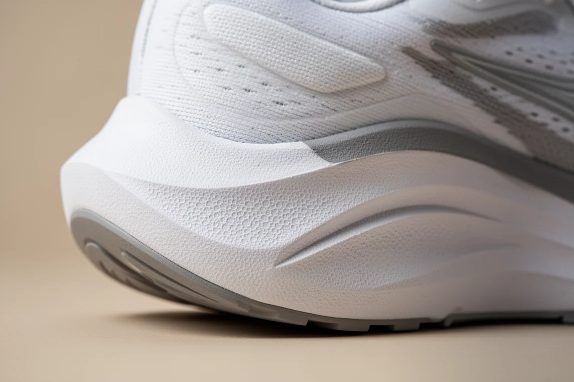 Close-up of a thick foam midsole showing cushioning cells and rocker shape