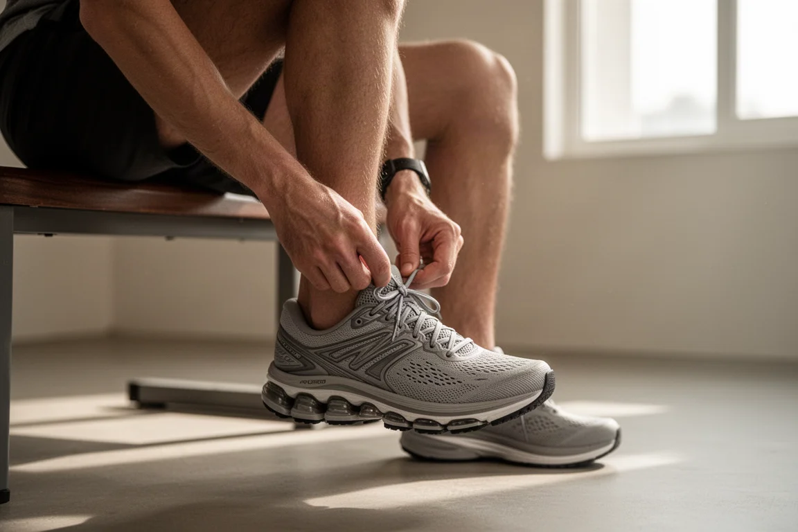Runner tying laces on a padded running shoe before an easy morning run