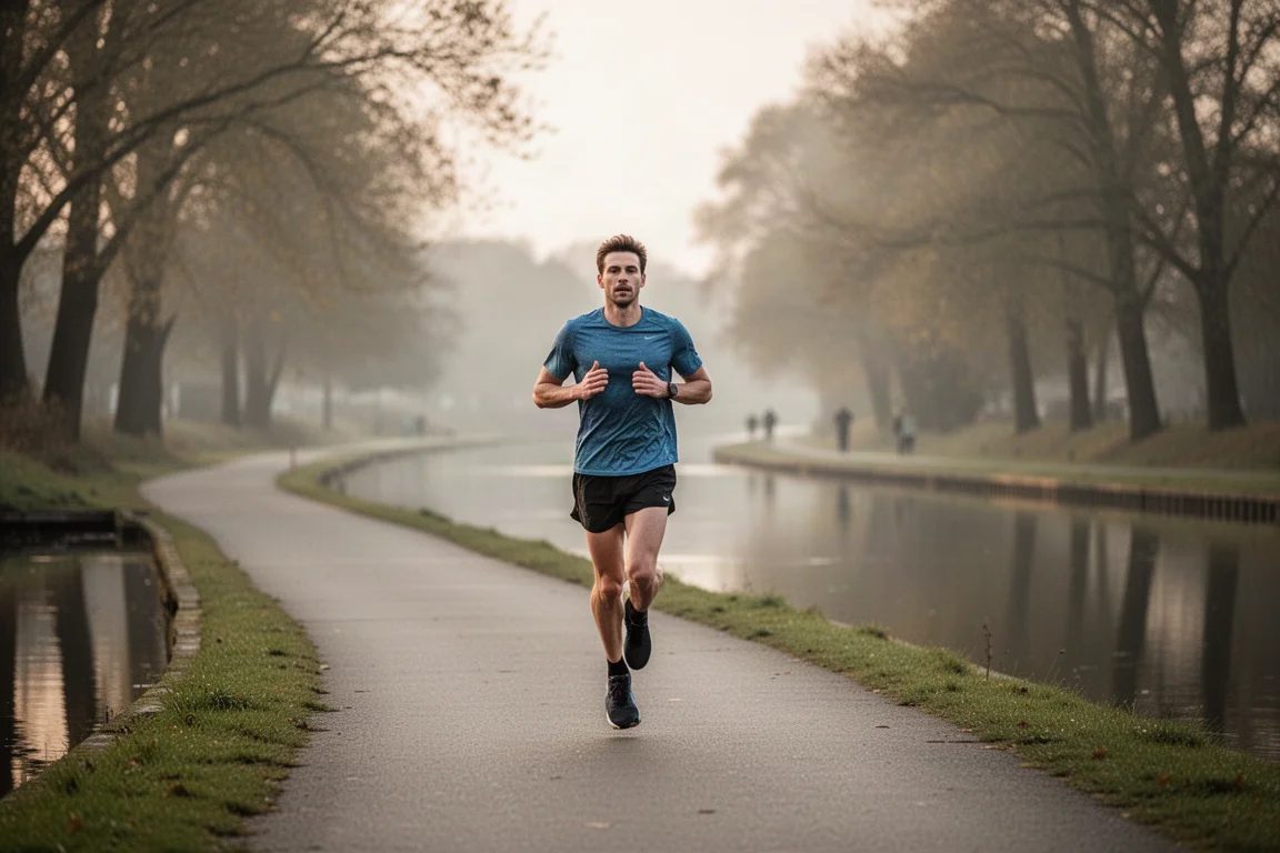 Runner cruising along a quiet canal path at an easy pace