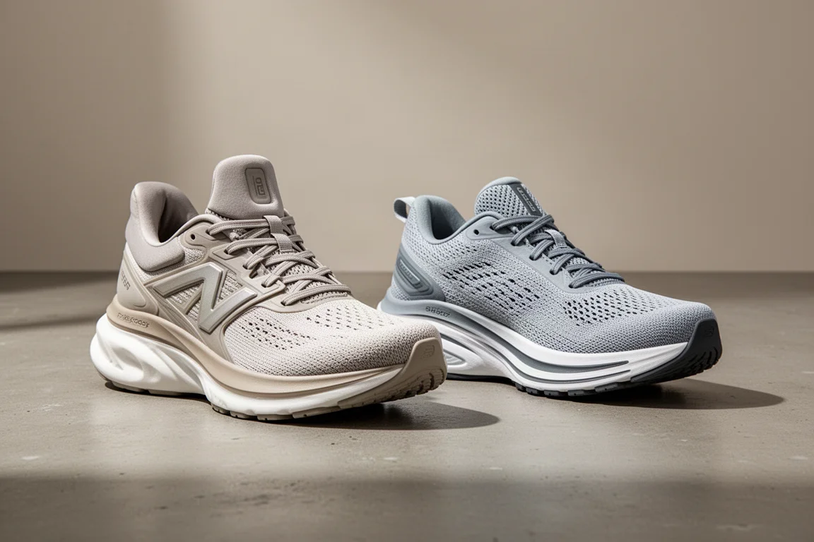Two max cushion running shoes side by side on a concrete surface