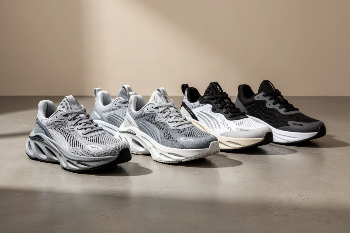 Five thickly cushioned running shoes lined up on a concrete floor
