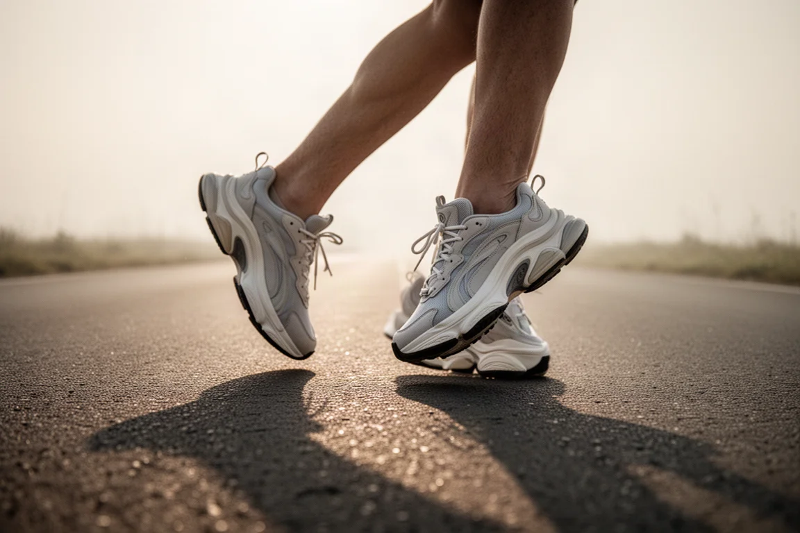 Runner stepping onto a quiet road in soft morning light wearing cushioned trainers