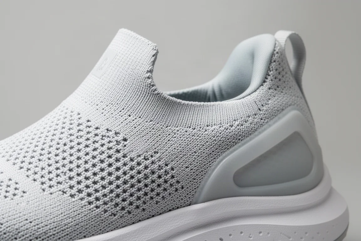Close-up of a flexible knit running shoe upper with visible weave texture