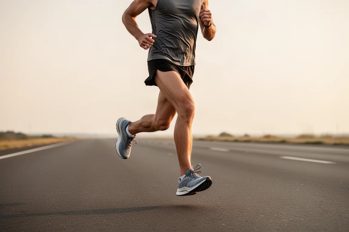 Runner mid-stride on a long flat road during an easy paced run