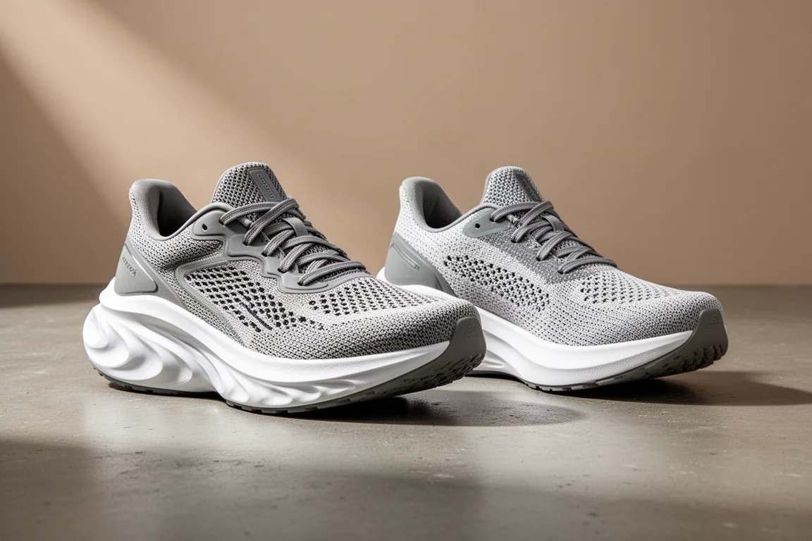 Two max-cushioned running shoes side by side on a concrete surface