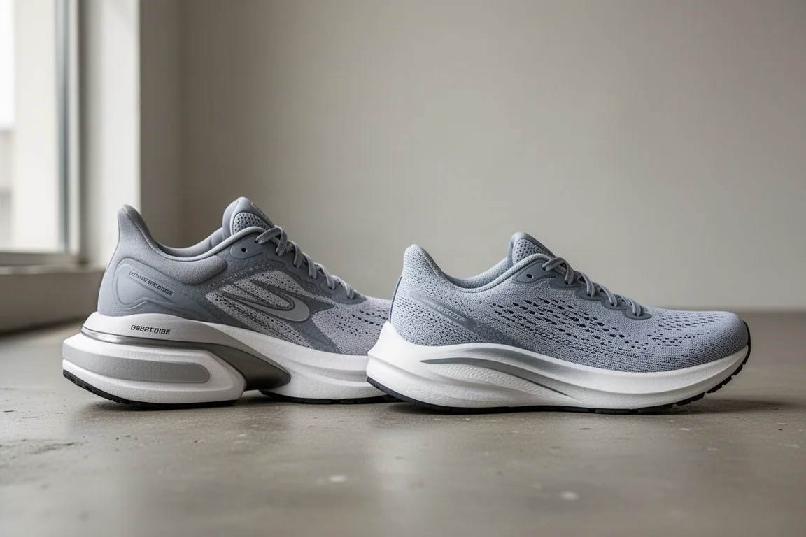 Two cushioned running shoes side by side showing different heel stack heights
