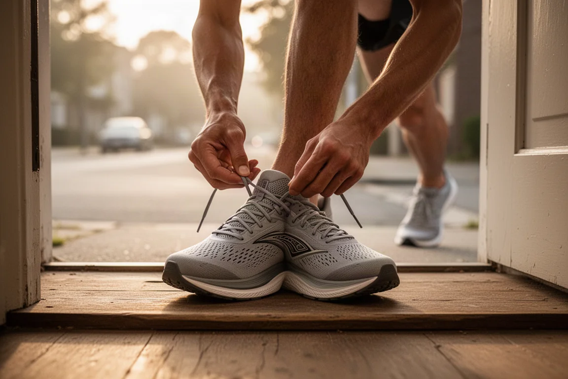 Runner lacing up a pair of cushioned running shoes before an easy run