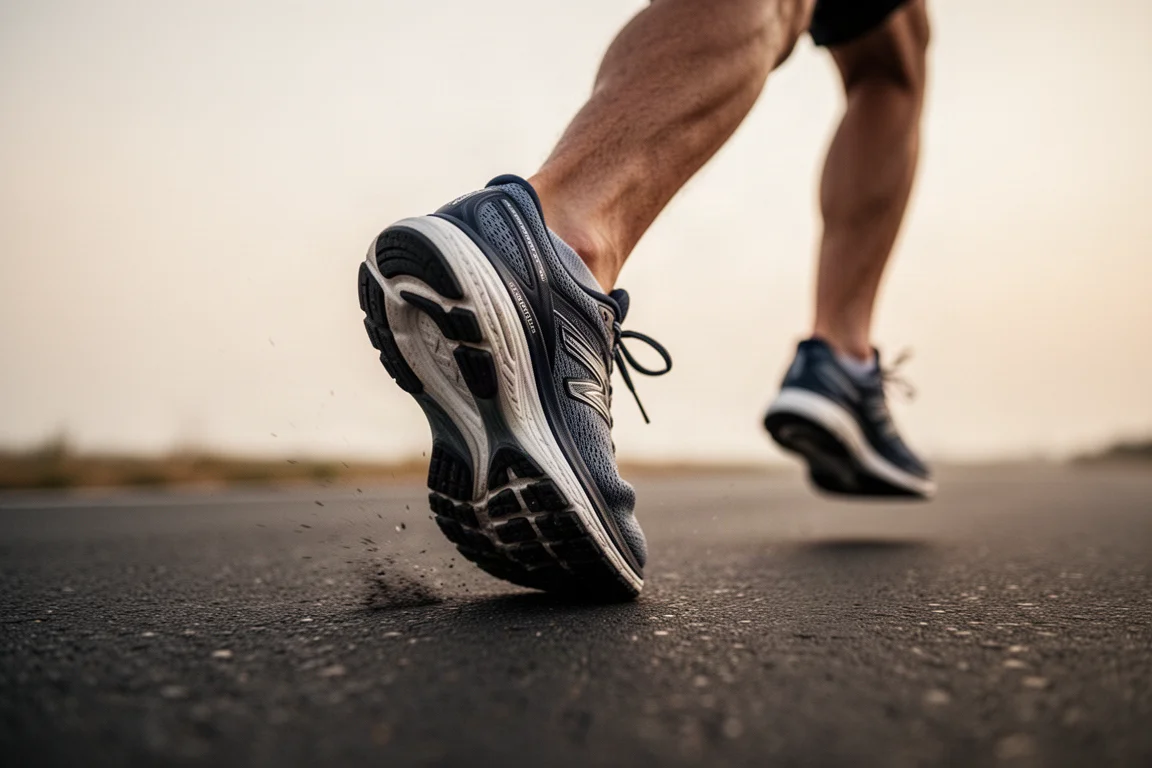 Close-up of a runner's foot striking soft tarmac in a tall cushioned trainer
