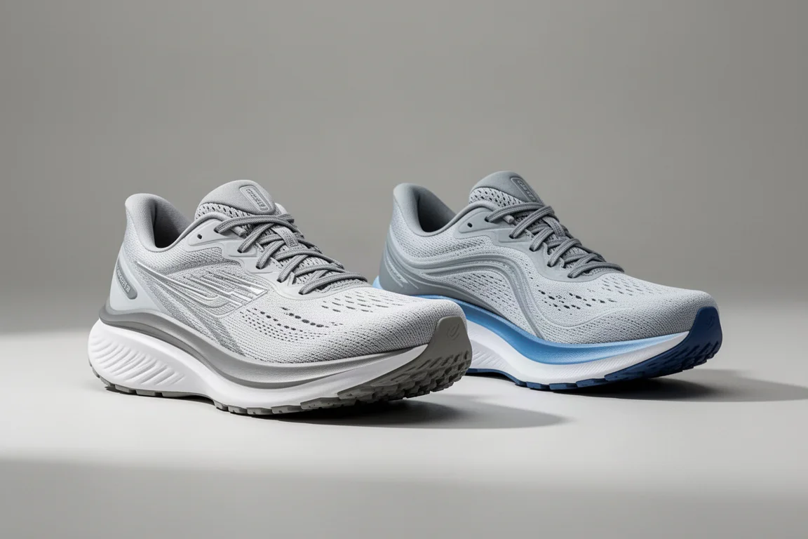 Two cushioned running shoes side by side on a grey studio surface