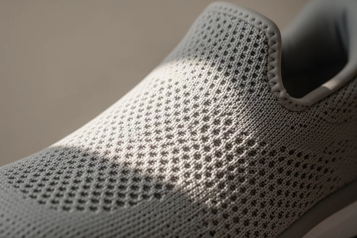 Close-up van een ademend, technisch gaas bovenwerk van een hardloopschoen rond de voorvoet