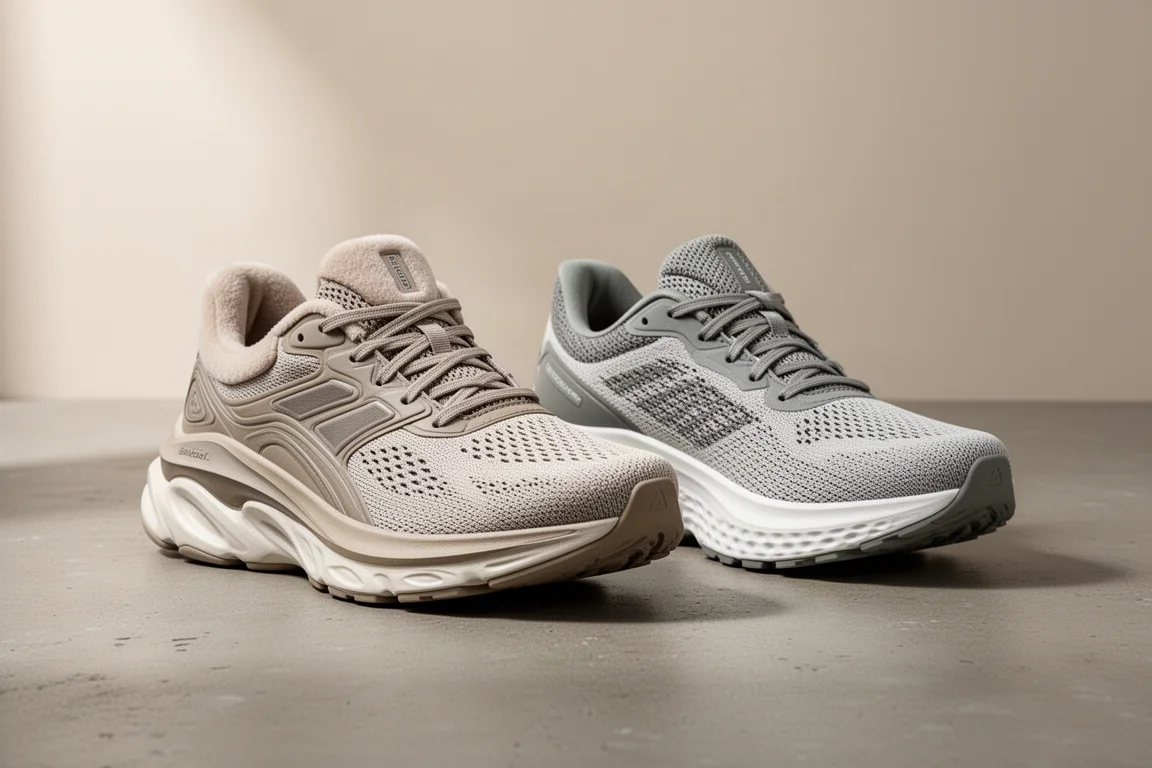 Nike Vomero Plus and Saucony Triumph 24 running shoes side by side on concrete