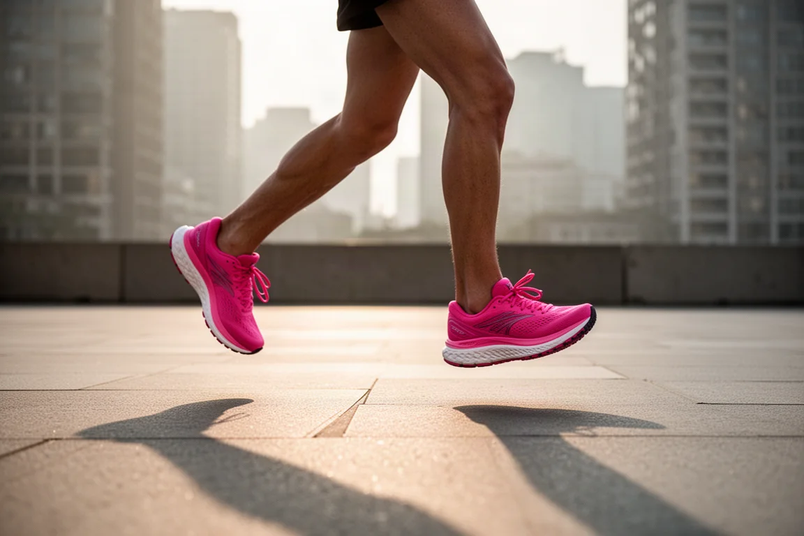 Läufer geht in der Morgendämmerung durch die Stadtstraßen in Max-Cushion-Laufschuhen