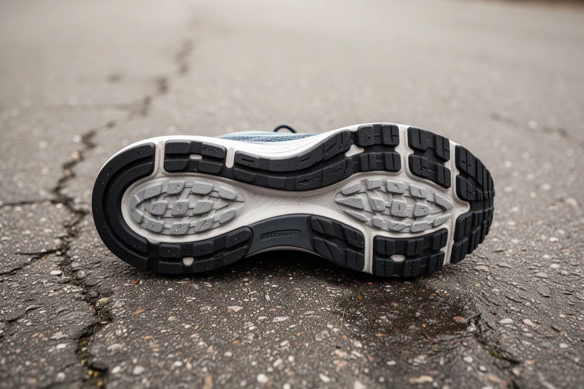 Laufschuh-Außensohle mit voller Gummi-Bedeckung, auf Asphalt ruhend