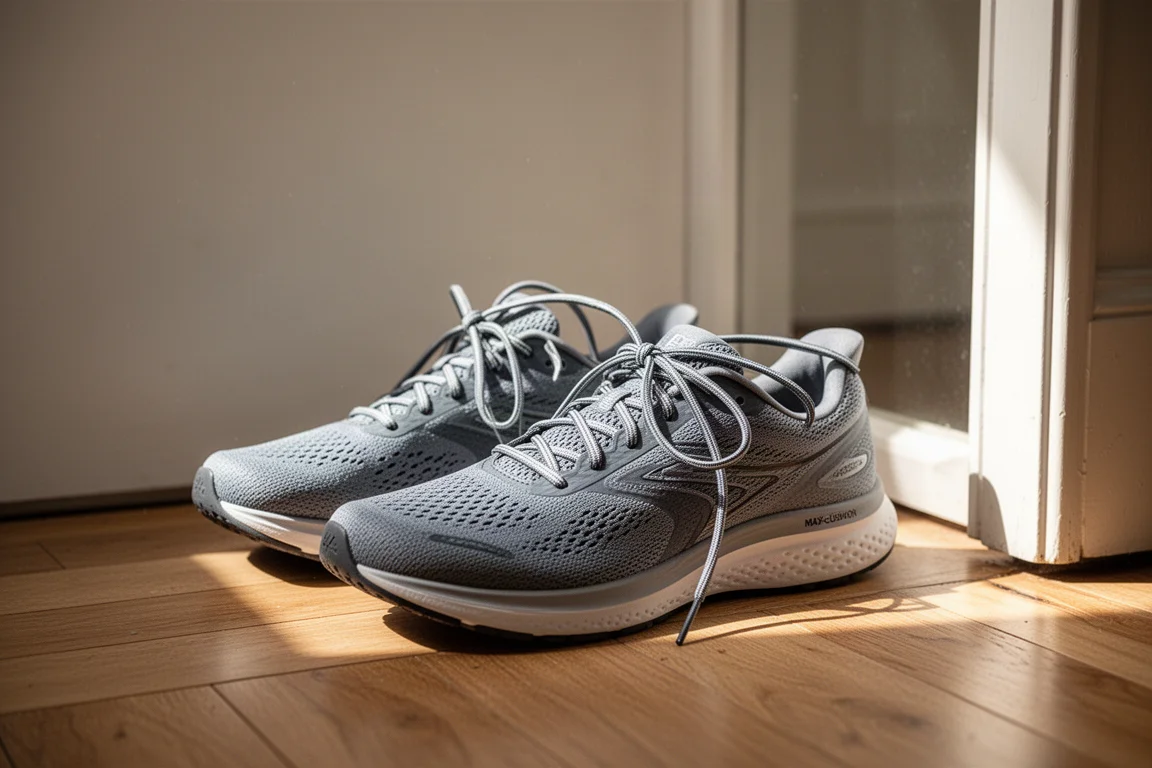 Paar Laufschuhe vor einer Tür ruhend vor einem lockeren Morgenlauf