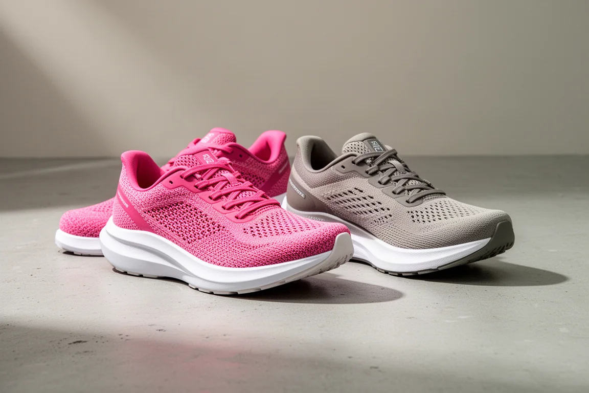 コンクリートの上に並べられたNike Vomero PlusとVomero 18のランニングシューズ