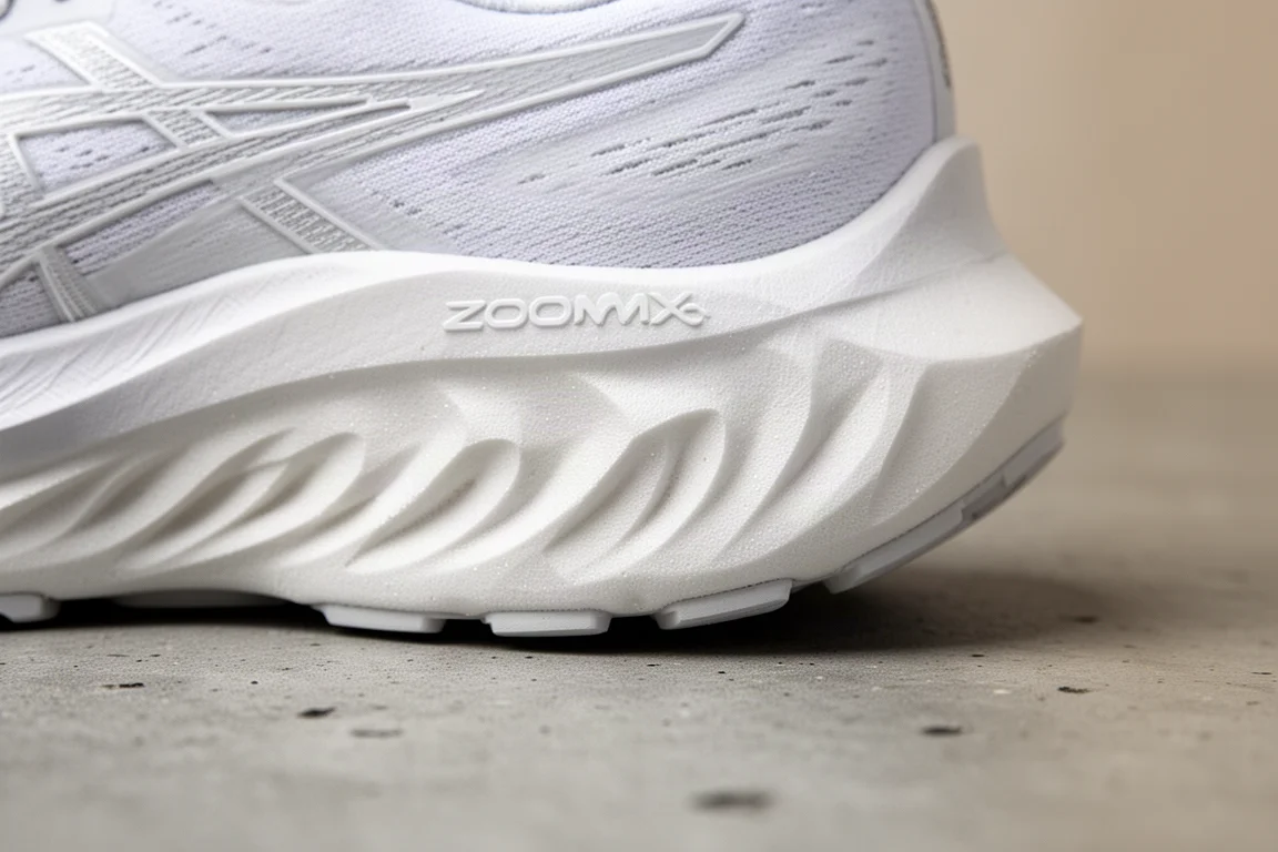 Close-up of thick ZoomX foam midsole of a max cushion running shoe