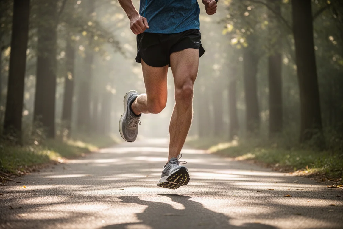 Runner moving at an easy pace on a paved park path