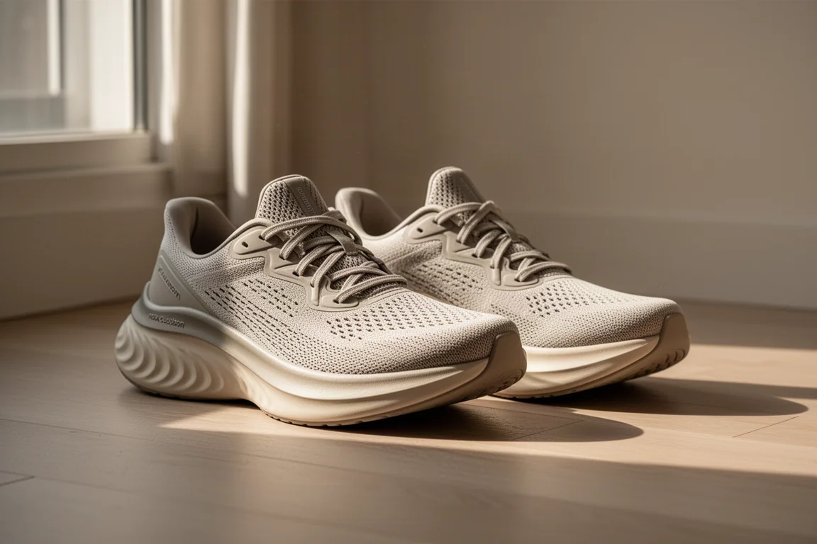 Pair of running shoes resting on a wooden floor beside a window