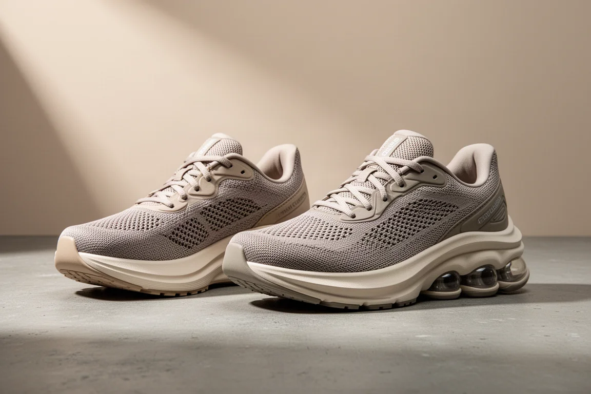Two max cushion running shoes side by side on a concrete surface