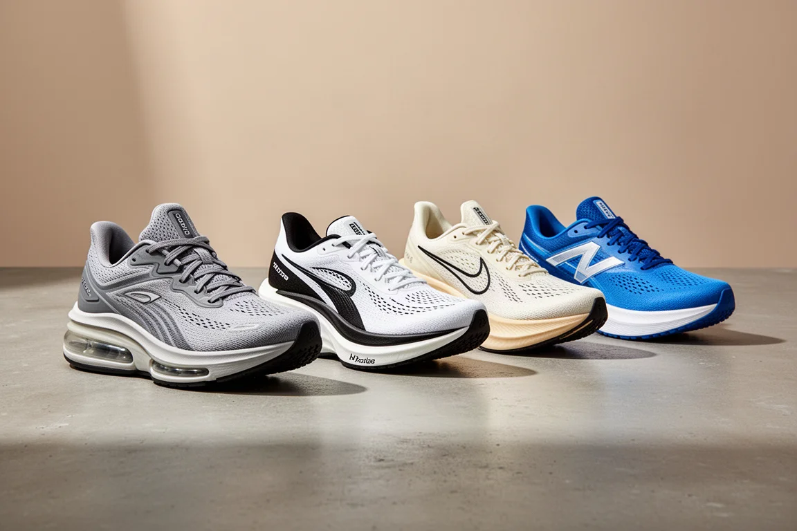 Four modern running shoes arranged in a row on a concrete surface