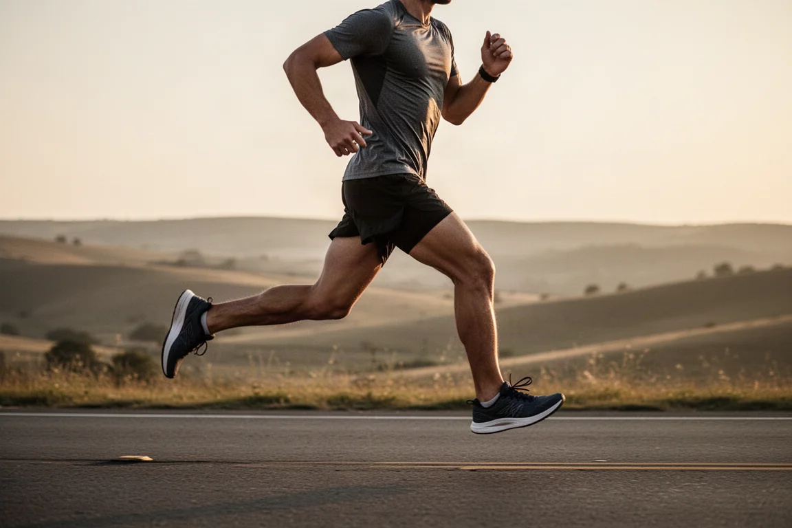 Runner durante una corsa di recupero facile e piatta in luce soffusa