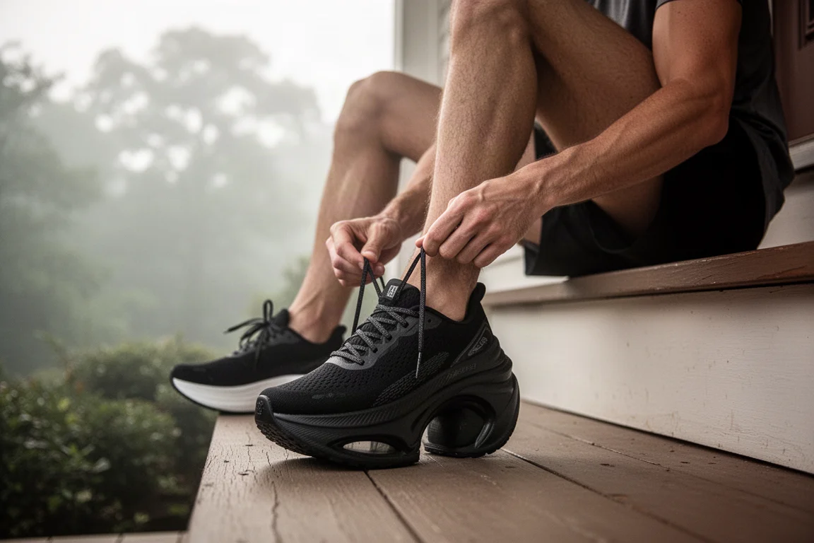 Runner lacing up a tall, thick-soled running shoe on a front porch