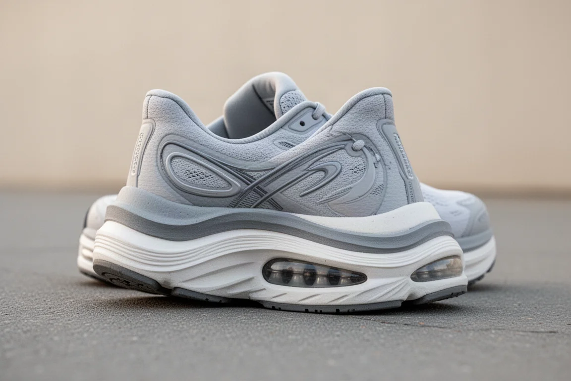 Close-up of a thick foam midsole with air unit detail on pavement