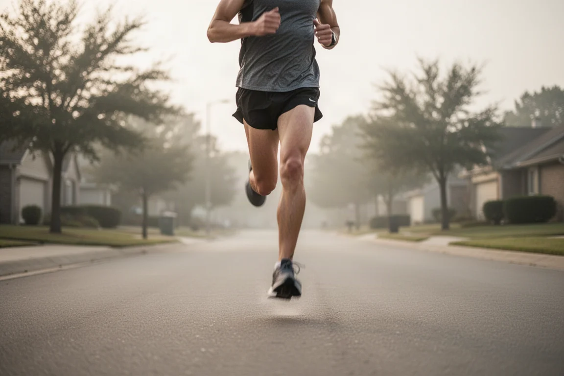 Runner moving at pace on an open suburban road in morning light