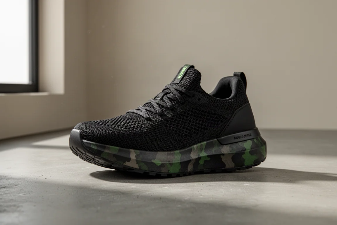 Nike Vomero Premium running shoe with black upper and camo midsole on concrete