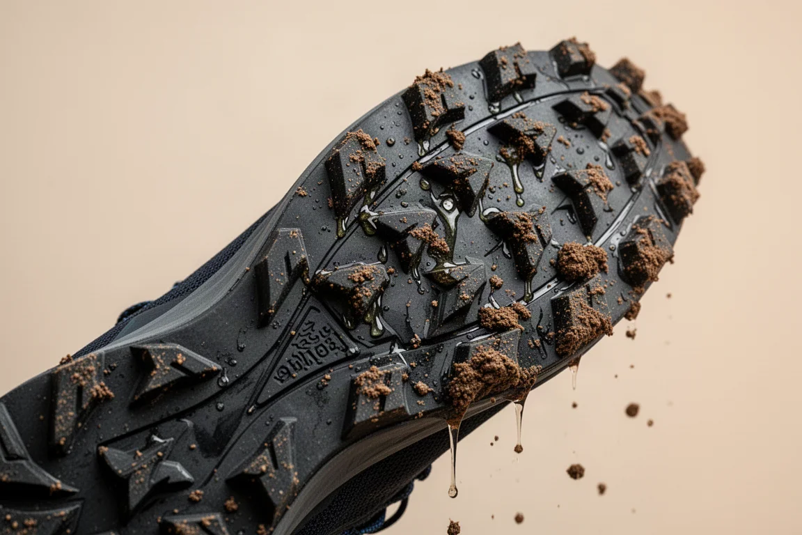 Close-up of lugged trail shoe outsole on dry rocky trail