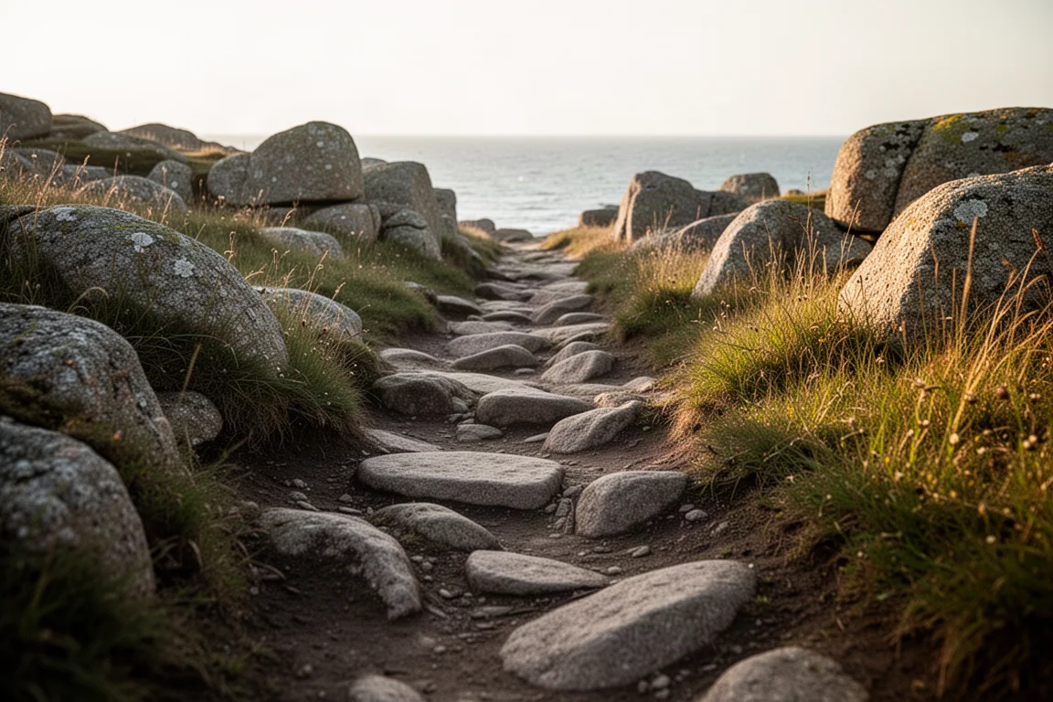 Rotsachtig technisch trailgedeelte slingert langs de kust van Cornwall