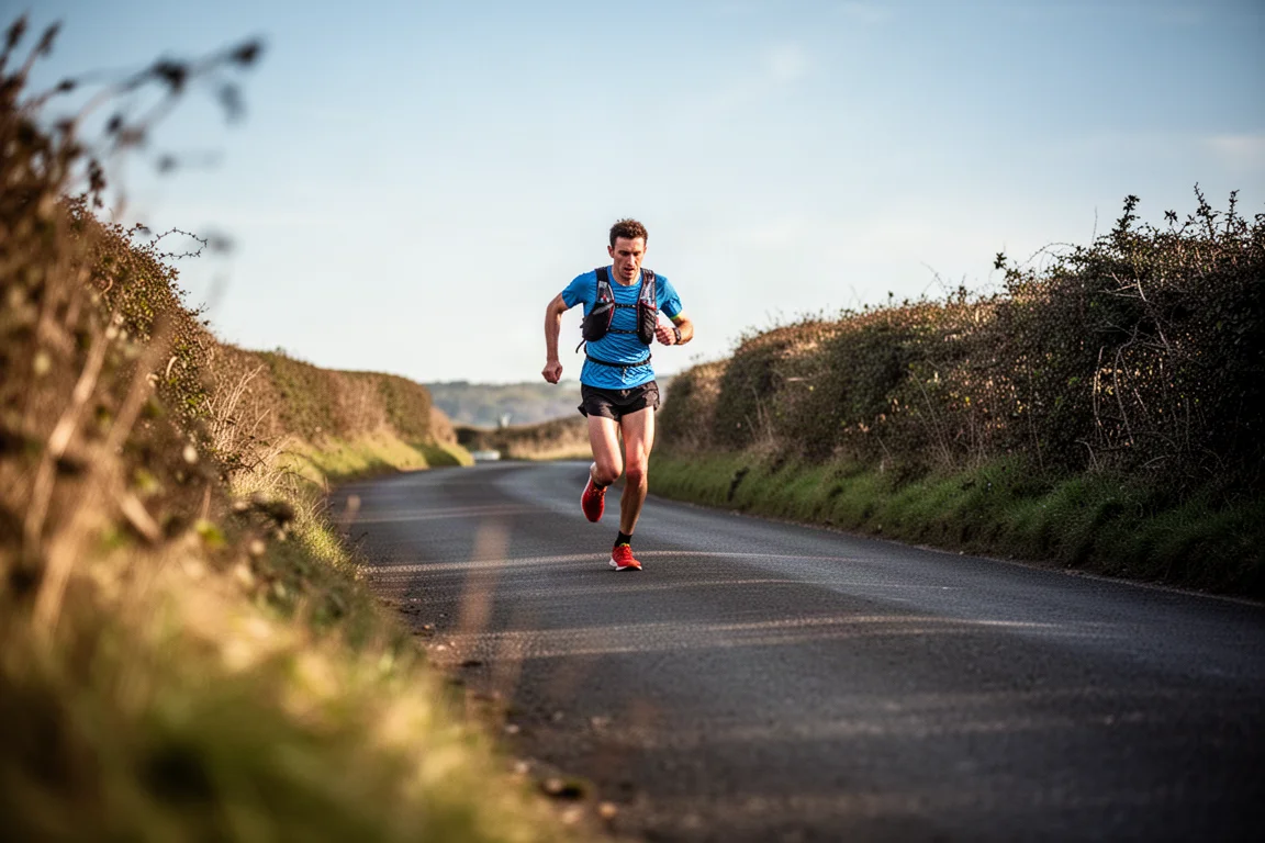 Runner daalt op hoge snelheid af over een steile asfaltweg op een zonnige dag