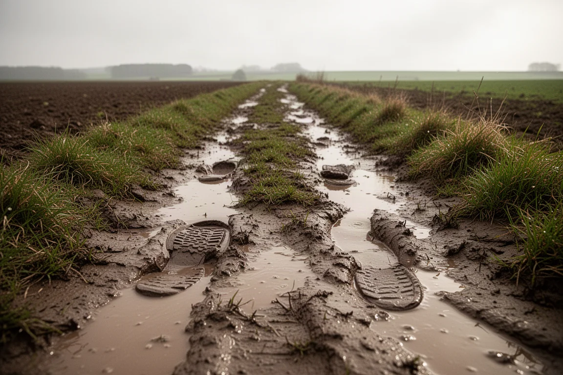 Modderig veldpad met uitgesleten grond en gras op een landelijke trailroute