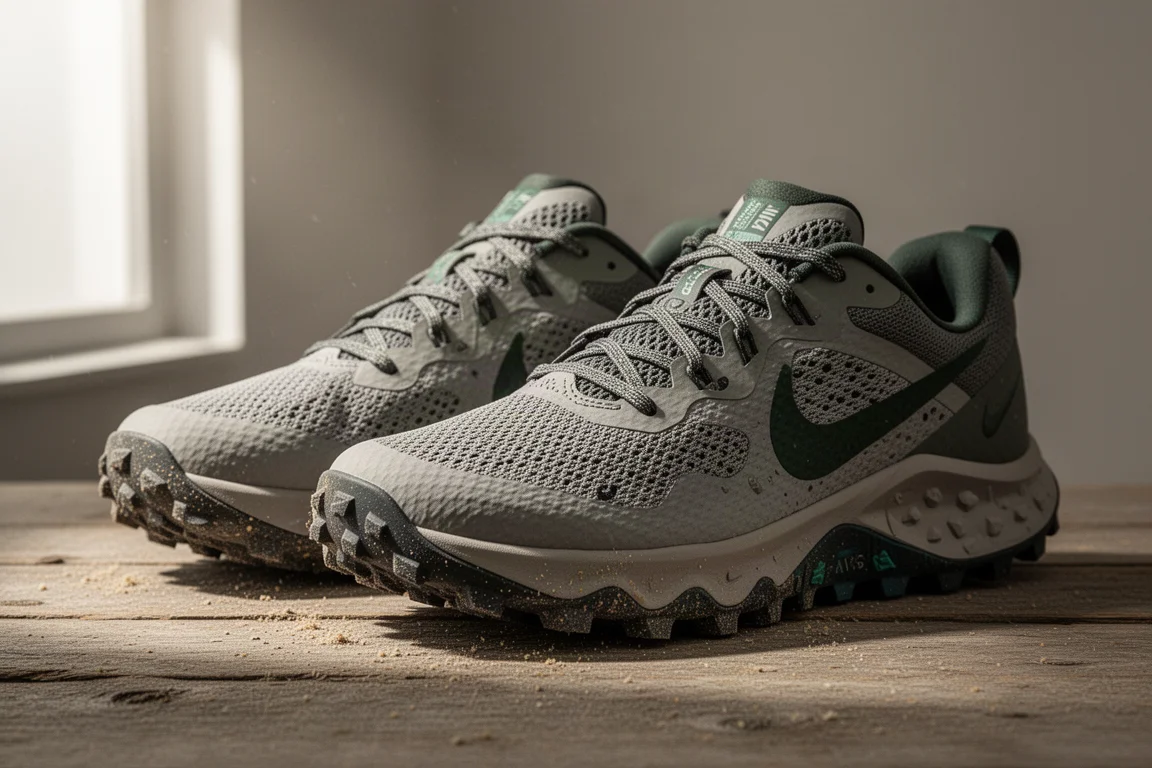 Nike Wildhorse 8 trail running shoes on a weathered wooden surface