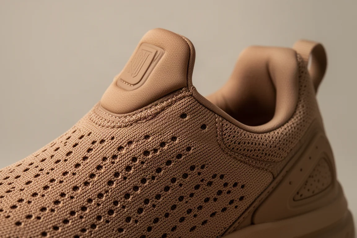 Close-up of a running shoe upper showing double-layer mesh and padded tongue