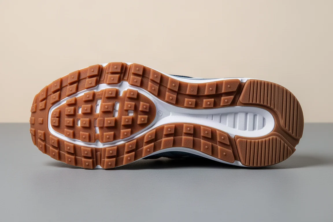 Waffle-pattern rubber outsole of a running shoe with extensive coverage