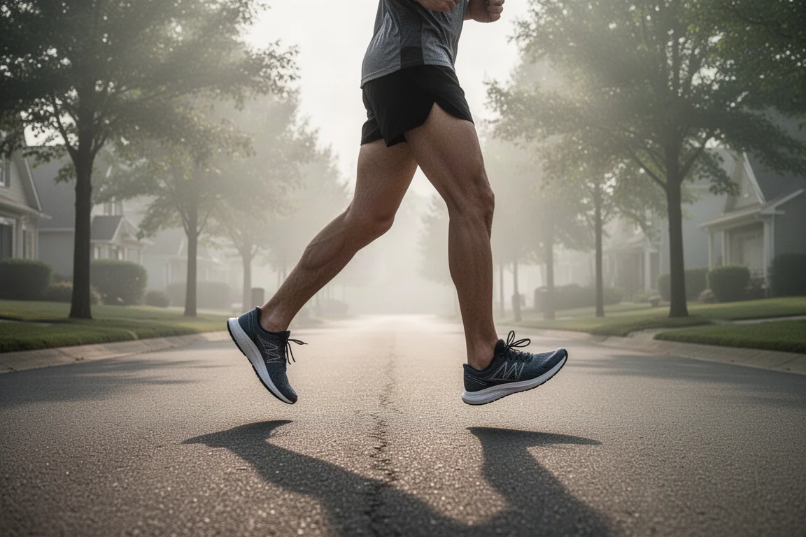 Runner jogging on a humid suburban road in soft early morning light