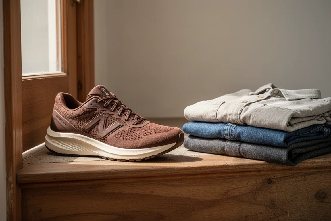 Running shoe resting on a doorstep next to a casual everyday outfit