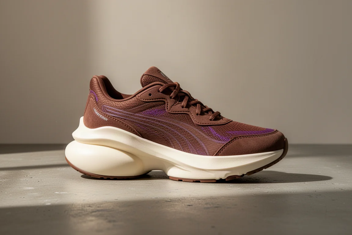 Nike Winflo 12 running shoe with brown upper and tall creamy white midsole