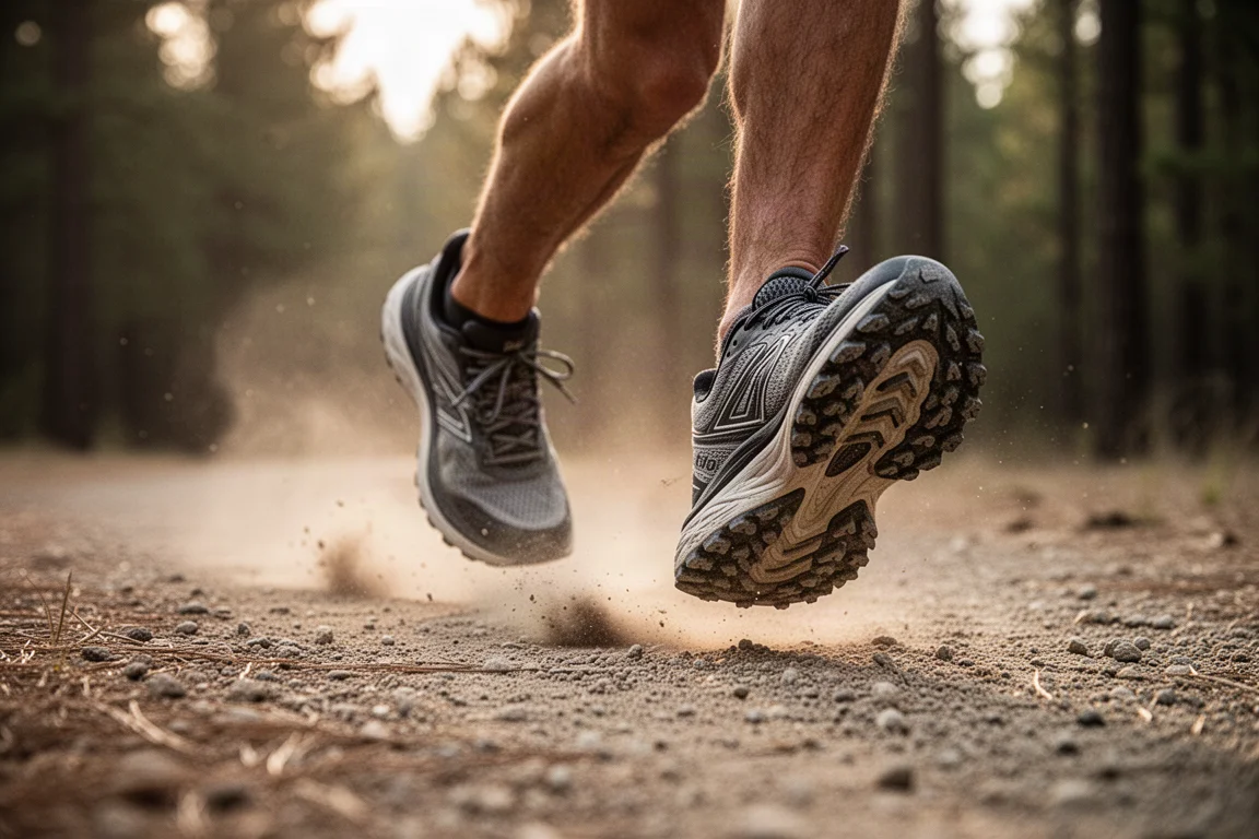Trail runner on a long gravel path with cushioned trail shoes visible mid-stride