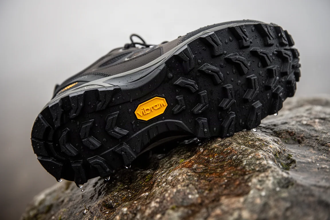 Deep lug pattern of a rugged trail shoe outsole on rocky ground