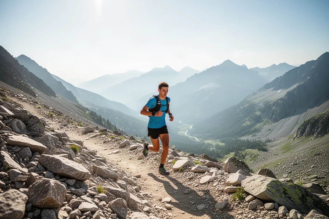 Trail runner climbing a rocky mountain path under bright sun