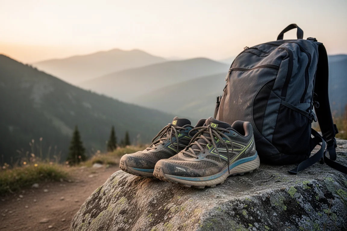 Long-distance trail runner resting on a mountain ridge with tired feet propped up