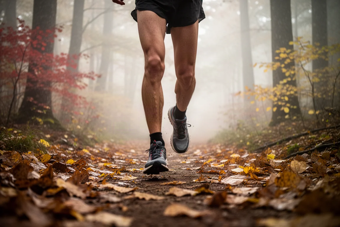Trail runner che si avvia su un sentiero boschivo coperto di foglie nella luce del primo mattino
