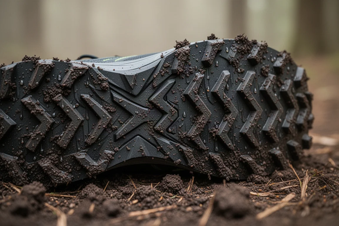 Primo piano dei tasselli a chevron aggressivi del trail che afferrano il terreno fangoso