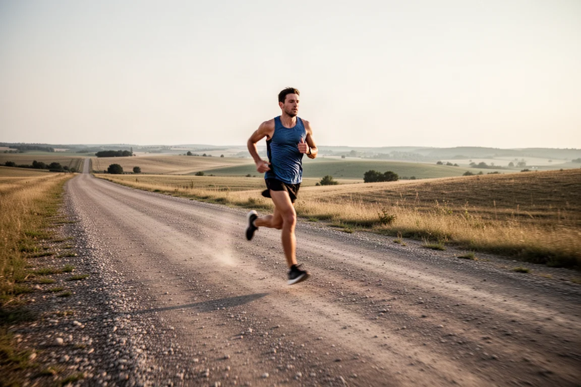 Runner in discesa su una larga strada sterrata circondata da aperta campagna