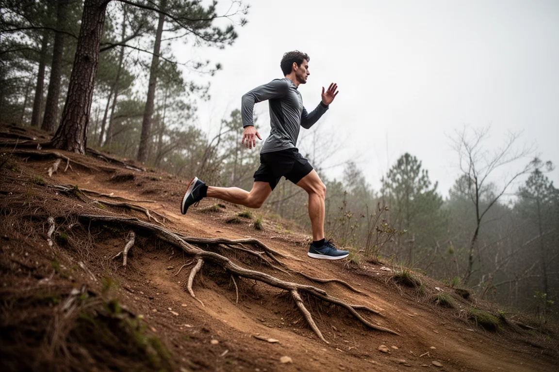 Runner che sale su una ripida collina di terra attraverso un bosco rado